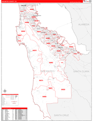 San Mateo County, CA Wall Map Zip Code Red Line Style 2024